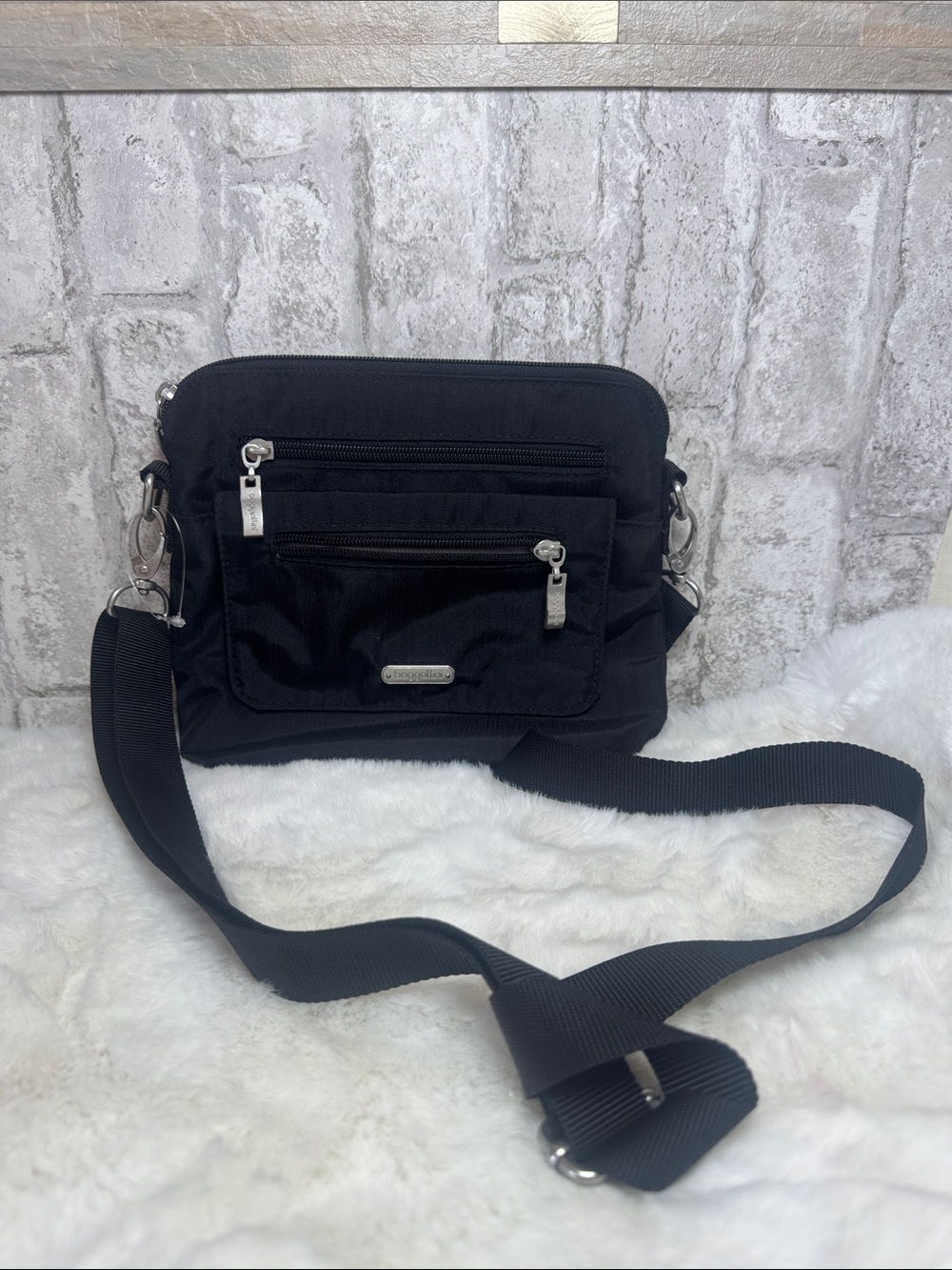 Black Crossbody Organizer Bag with Front Zip Pockets